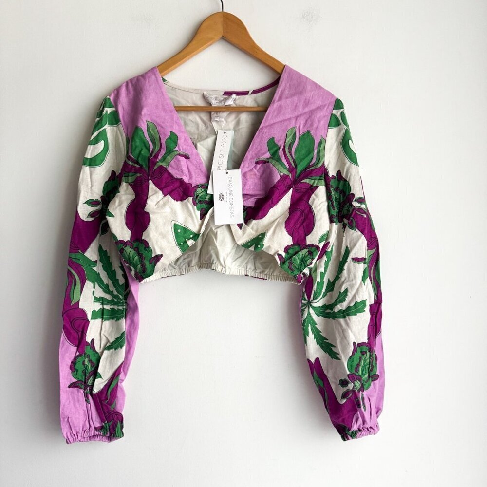Caroline Constas Purple Green Floral Long Sleev Cropped Top L - Picture 2 of 7